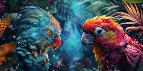 Fototapeta premium Two fantasy parrots with bright feathers in the jungle.