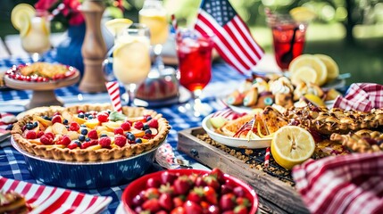 classic american cookout spread with apple pie and lemonade softfocus patriotic holiday scene