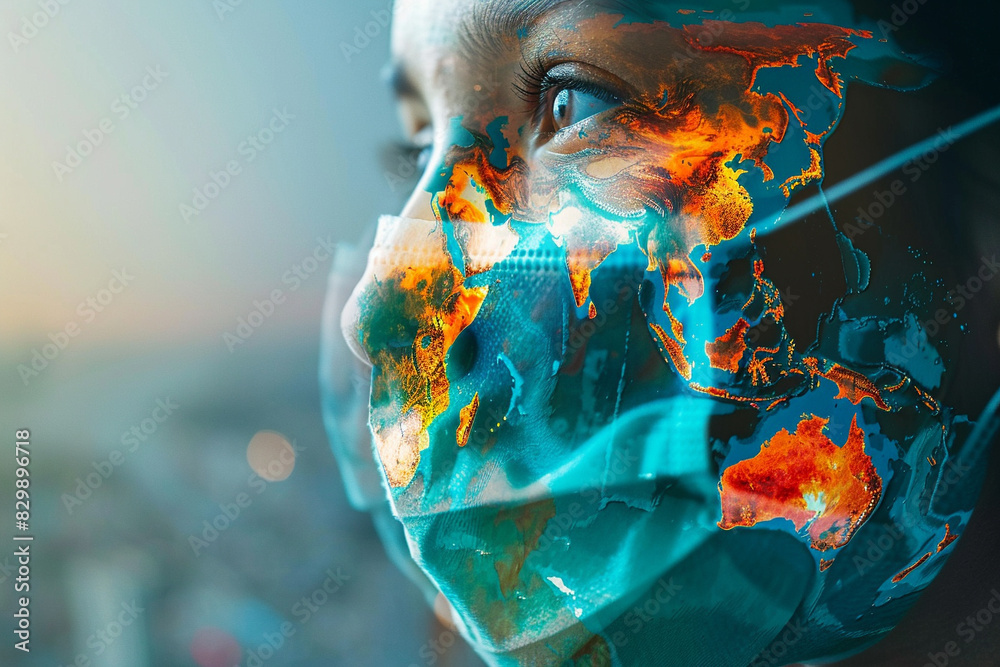 Wall mural close-up of a person wearing a mask with a world map overlay, symbolizing global impact and health c