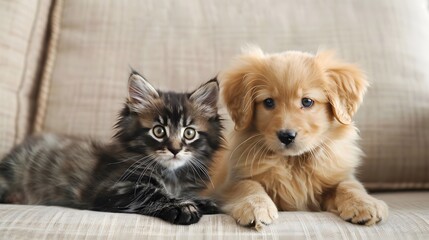 A cute puppy and kitten sitting on the sofa, in light beige style, pet photography, highdefinition...