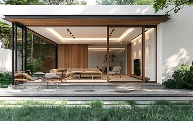 A modern home with a large open living room and a patio