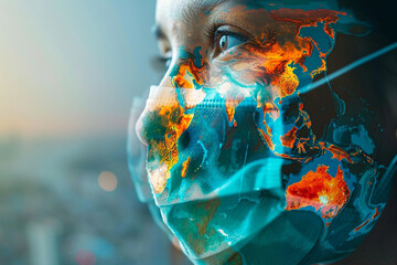 Close-up of a person wearing a mask with a world map overlay, symbolizing global impact and health care during a pandemic.