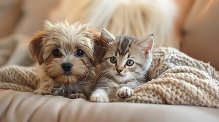 A cute puppy and kitten sitting on the sofa, in light beige style, pet photography, highdefinition images, petcore, adorable pet portraits, pet product advertising, highquality photos, cute little cat