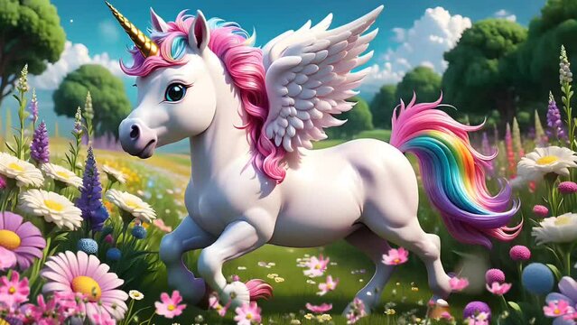 White horse in the flower field. Seamless looping time-lapse 4k video animation background