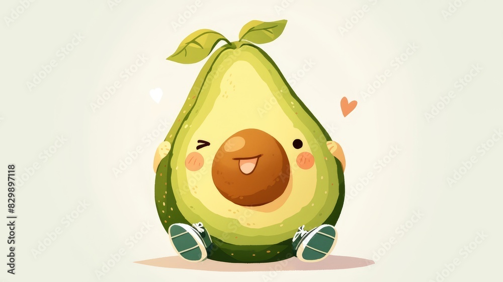 Sticker An adorable cartoon avocado fruit wearing sneakers and flashing a cute smile set against a white background