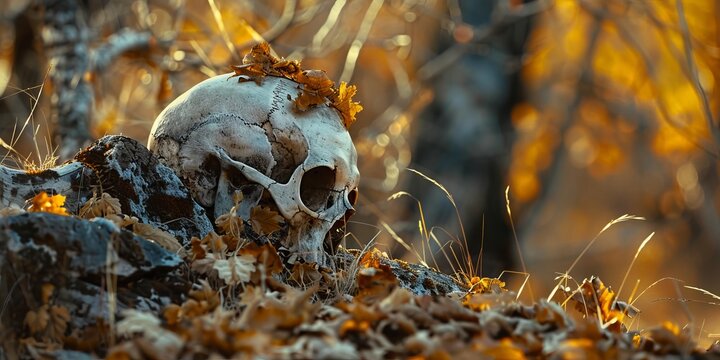 Animal skull on the ground in the middle of the autumn leaves