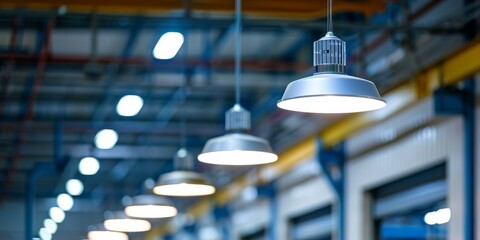 Blurred photo of industrial building interior with lights hanging from ceiling