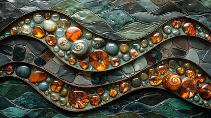 Fototapeta premium Abstract biophilic design, organic lines, earthy colors, floral shapes with stones and water elements, rich greens, browns, and turquoise, serene and natural, light and airy