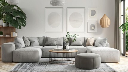 cozy modern living room interior with large gray sofa and soft lighting realistic 3d rendering