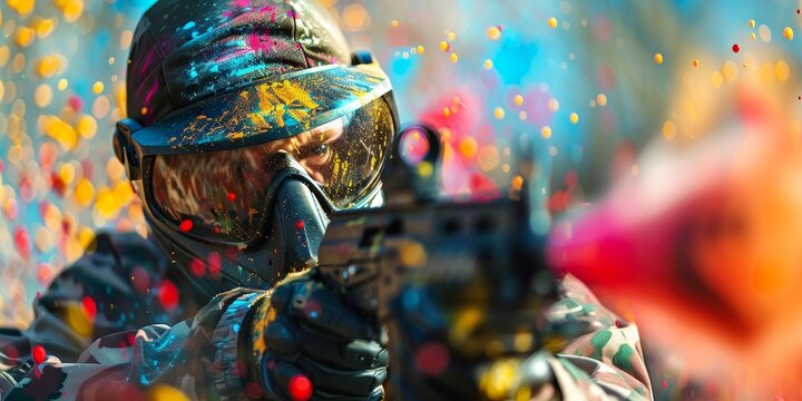 Close-up of a paintball player taking aim at an opponent during a game.