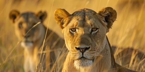 Naklejka premium Lionesses in the savanna