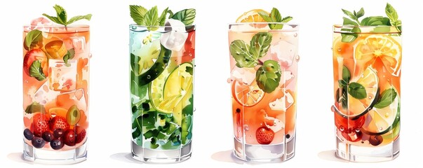 Set of four glasses with mojitos, iced coffee and other summer drinks isolated on a white background. The glasses depict summer drinks in the style of different artists