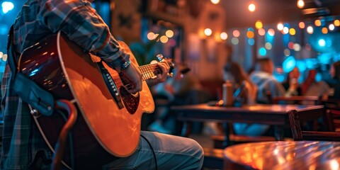 Man playing guitar in bar with warm atmosphere