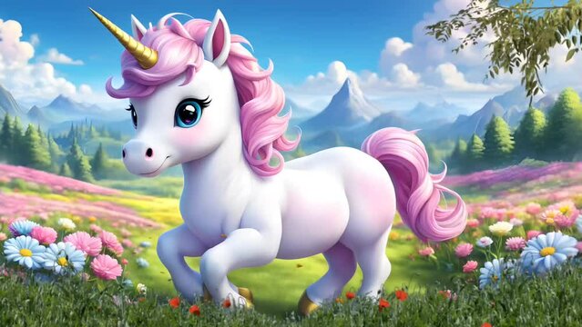 Cute unicorn with flowers. Seamless looping time-lapse 4k video animation background