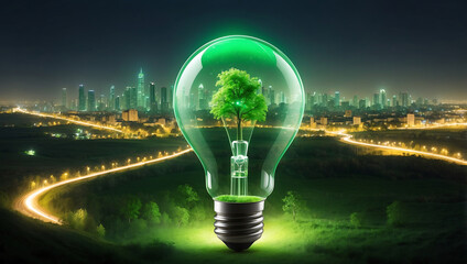 World environment day a green light bulb with a green eco city in the middle