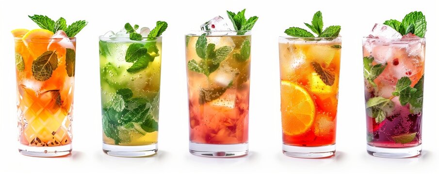 This mojito set features different types of long drinks with ice