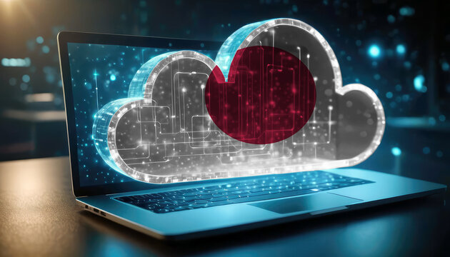 An image of a laptop with a cloud icon featuring the Japan flag, symbolizing the significance of cloud services in the Japan technology sector