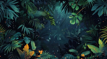 [flat 2d vector illustration of the rainforest, tropical style, made of plants, darker around edges, blacker background, darker background, no bloom, no glow, 