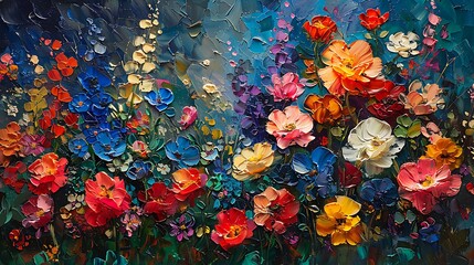 Abstract expressionist wildflower scene, sweeping bold brushstrokes, intense and varied colors, flowers blooming energetically, emotional impact, dynamic composition