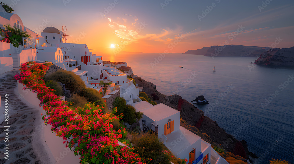 Wall mural A photo featuring the picturesque village of Oia on the island of Santorini seen from above. Highlighting the narrow streets lined with bougainvillea and stunning sunset views, while surrounded by the