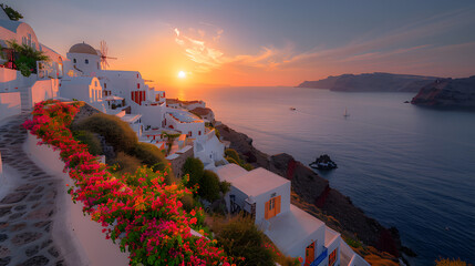 A photo featuring the picturesque village of Oia on the island of Santorini seen from above. Highlighting the narrow streets lined with bougainvillea and stunning sunset views, while surrounded by the