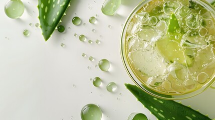Obraz premium A natural and organic background with a transparent bowl of clear, flowing gel or juice made from fresh aloe vera leaves on the right side, surrounded by small bubbles and droplets for an elegant pres