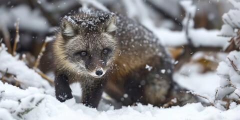 Obraz premium A beautiful red fox walks through the snow in the forest.