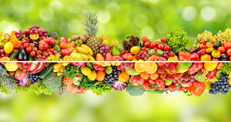 Large collection ripe fruits, vegetables and berries on green background.