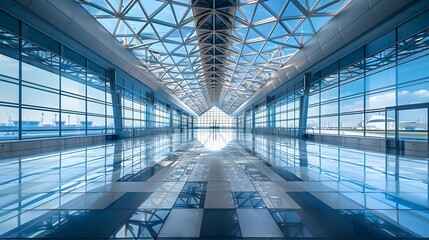 A panoramic view of the ceiling inside an airport, featuring symmetrical geometric shapes and metal frame structures that create reflections on polished floor tiles.