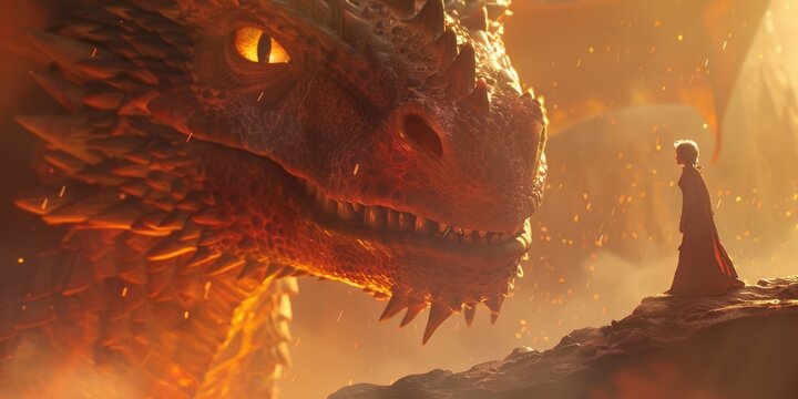 A brave warrior stands before a fearsome dragon, ready to battle.