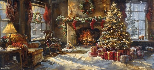 A cozy living room with a fireplace, Christmas tree, presents, and snow on the floor.