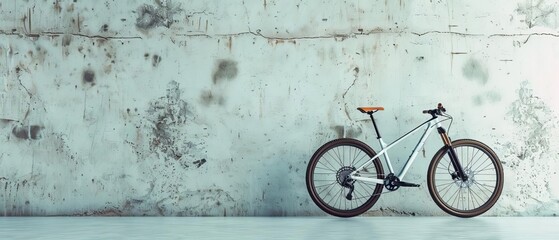 Modern mountain bike with a minimalist frame against a weathered concrete wall, showcasing a blend of style and rugged design.