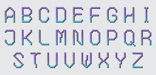 Pixel Letters with grainy gradient texture. Digital techno alphabet. 8-bit pixelated game font. Pixel  font A to Z