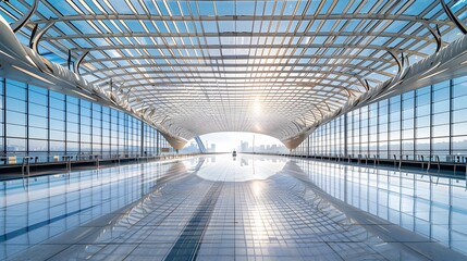 A panoramic view of the ceiling inside an airport, featuring symmetrical geometric shapes and metal frame structures that create reflections on polished floor tiles.
