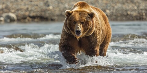 Obraz premium A large brown bear charges through the water in a river.