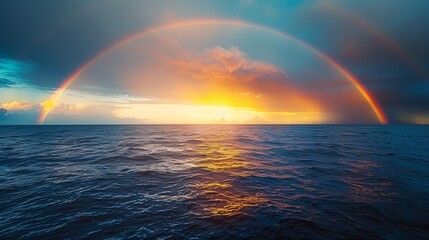 A spectacular double rainbow arching high over a vivid ocean sunset, providing a sense of wonder and magic