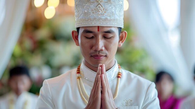 Asian male wearing white suit and traditional headgear praying during his wedding ceremony