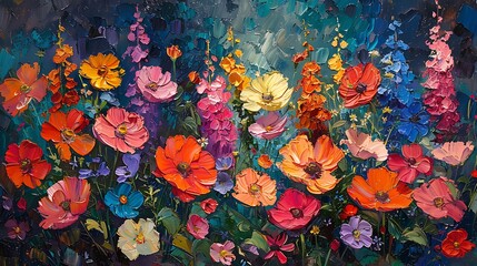 An abstract expressionist view of a blooming wildflower garden, bold and sweeping brushstrokes, vibrant and intense colors, flowers in chaotic bloom, emotional depth, dynamic composition 