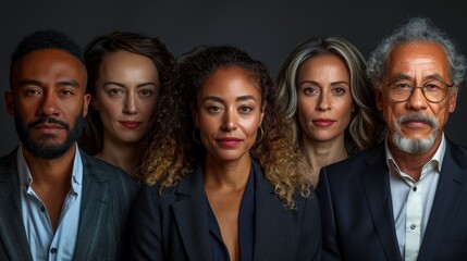 A professional group portrait of five adults, portraying diversity within a corporate environment
