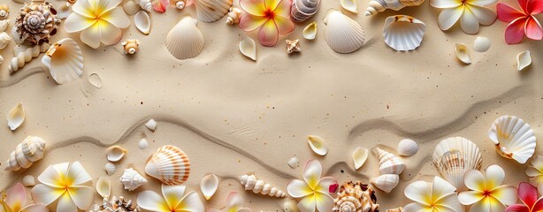 The beach sand background is adorned with various seashells and tropical flowers, creating an enchanting summer concept. The composition features a top view of the sandy surface covered in colorful pe