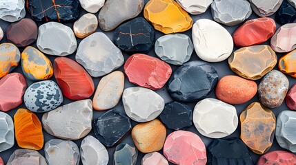 A pattern of colorful pebbles arranged in an organic layout, creating a textured background with soft hues and varied shapes.