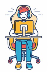 A man is sitting in front of a computer with a smile on his face