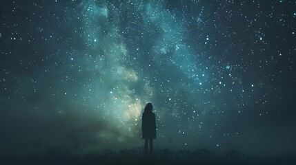 Person, standing, stars, gazing, Milky Way, awe, wonder, vast, open space, infinity, soft, glow, starlight, face, surreal, cosmic, landscape, dreamy, atmosphere, night, sky, vastness, looking, admirat