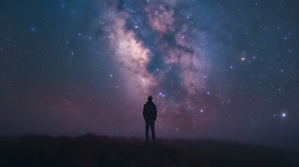 Person, standing, stars, gazing, Milky Way, awe, wonder, vast, open space, infinity, soft, glow, starlight, face, surreal, cosmic, landscape, dreamy, atmosphere, night, sky, vastness, looking, admirat