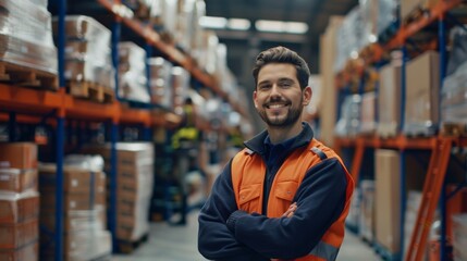 Warehouse Employee Man Wearing Safety Cap And Work Uniform