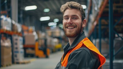 Naklejka premium Man In Work Clothes And Safety Cap Performing Warehouse Duties