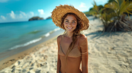 A cheerful young woman in a straw hat and bikini smiles on a sunny tropical beach, palm trees and ocean in the background