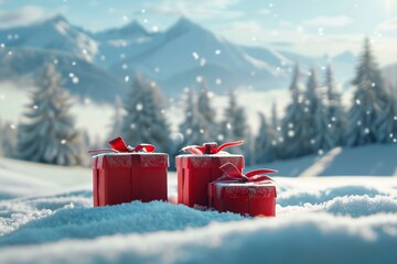 Wrapped Red Christmas gifts, golden ribbons, bow against a light blue winter snowy decorated trees. Snow particles dust, Xmas lights bokeh. Festive wide banner template with space for text, montage