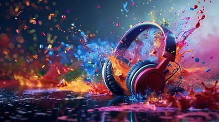 energetic colorful splash with stereo headphones ready for music party 3d illustration