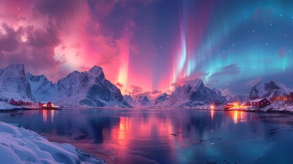 Stunning panoramic landscape featuring the aurora borealis over snow-covered mountains, beside a...